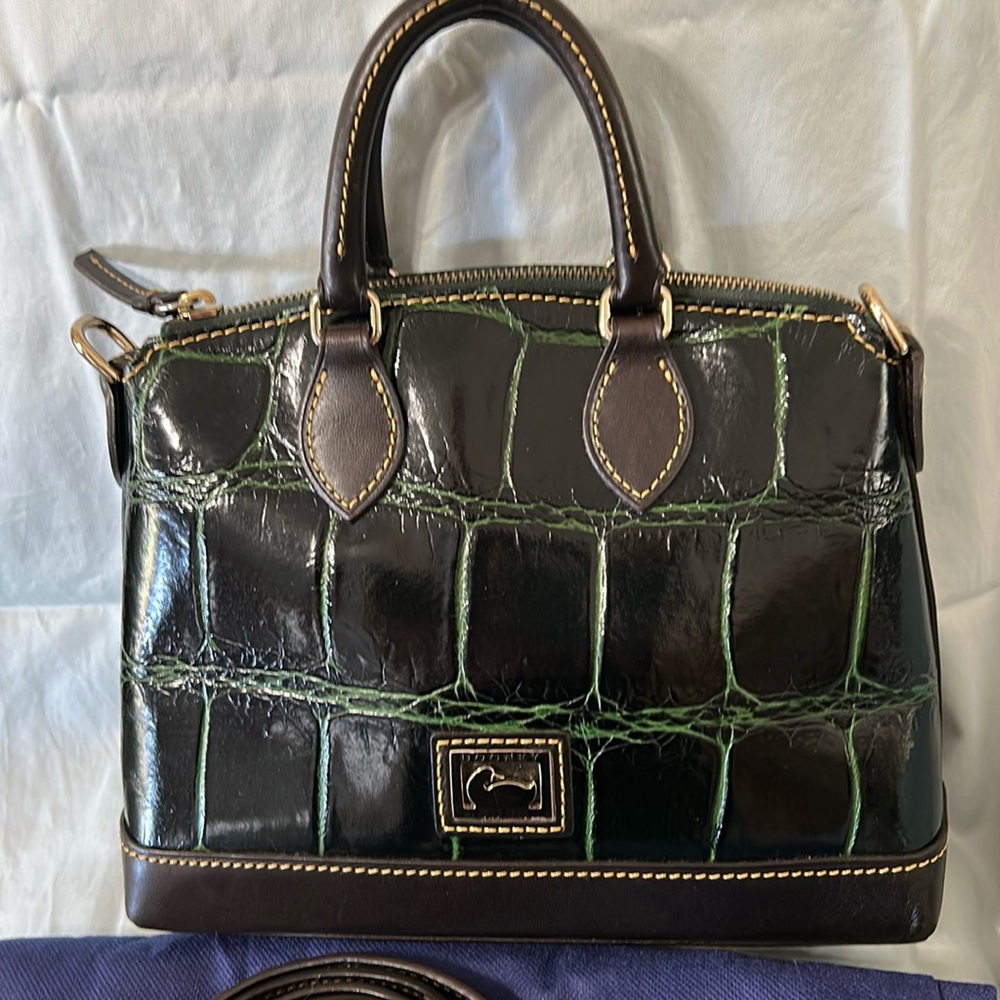 Rare,  Dooney & Bourke Black & dark brown Dillen Satchel with greenish wash